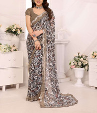 Printed Leheria Georgette Saree with Unstitched Blouse Brown 