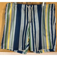 Lands' End Swim Trunks Men L Blue Green Yellow Striped Board Shorts