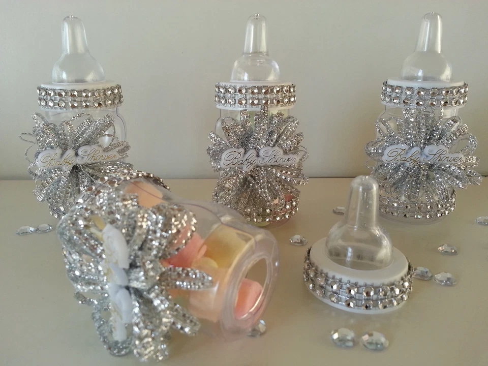 12 Biberones Rellenables Plateados | Decoraciones Baby Shower | Favores Premios Juegos Niña Foto 2 de 4