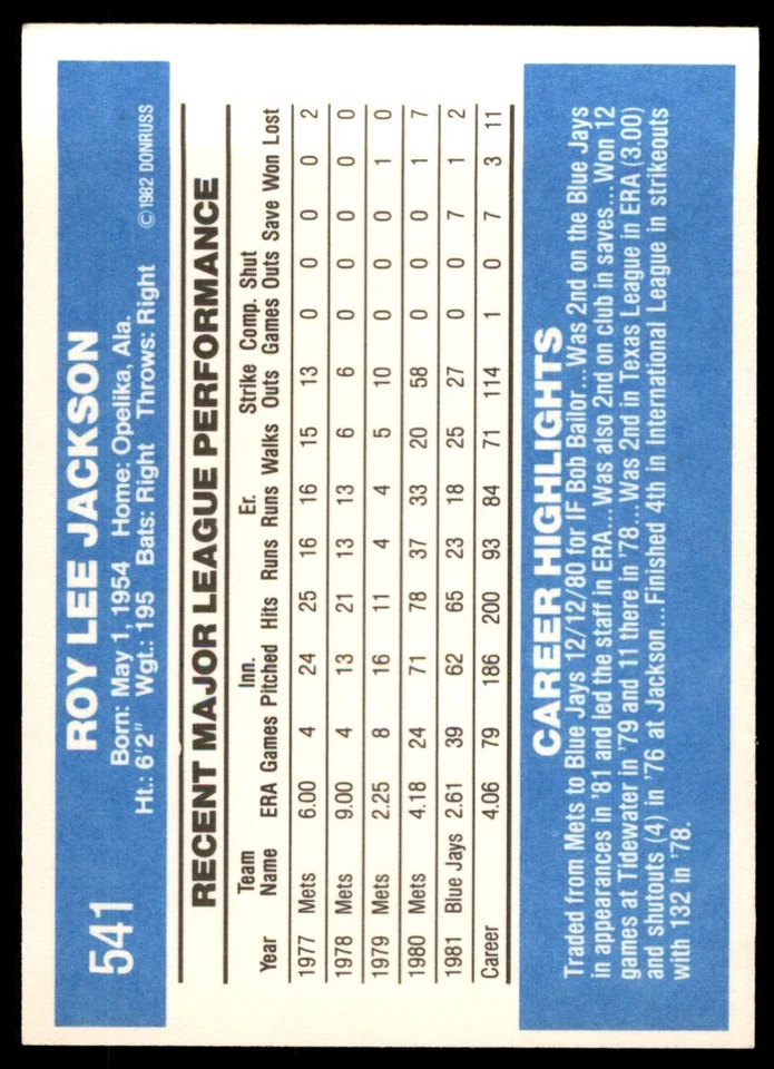 1982 DONRUSS ROY LEE JACKSON . TORONTO BLUE JAYS #541 - Image 2 of 2