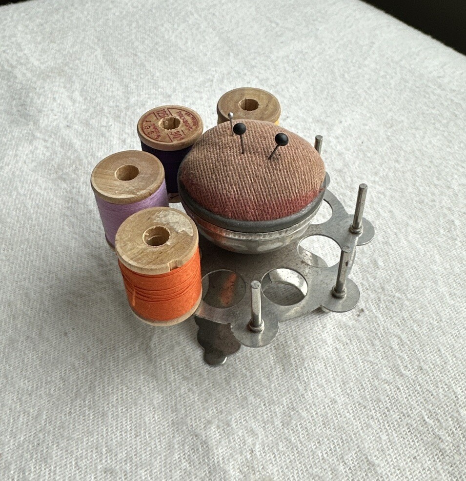 Antique Steel Sewing Spool Holder W/Pin Cushion Rotating | eBay