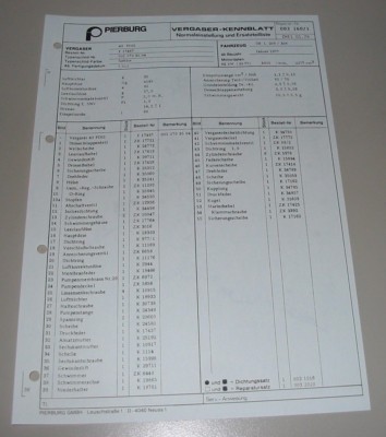 Pierburg Vergaser 40 PDSI Kennblatt Ersatzteilliste Mercedes L 208 / 308 ab 1977