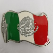 Mexican Flag Belt Buckle, Enamel Pewter, 3-1/4" x 2-1/4", Buckle Bakery, New