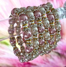 Pearl Bracelets Stretch Light Pink White Beaded Small Wrist Minimalist 6 pc