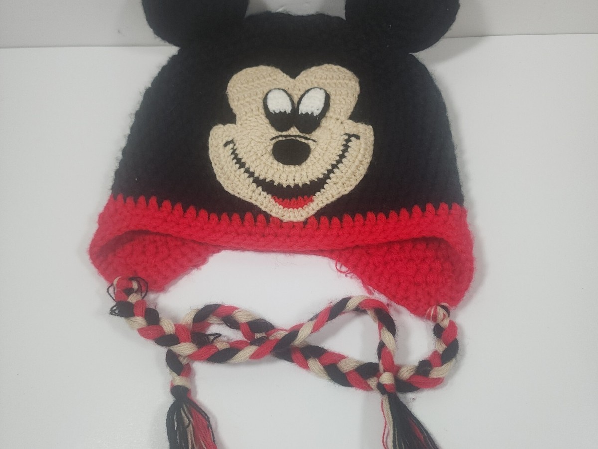 Disney Mickey Mouse Red/ Black Beanie Pom Pom w/ Tassels One 