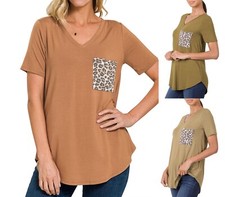 Women's Cheetah Leopard Print Pocket Round V Neck Short or Long Sleeve Rayon Top