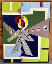 Vintage 70s Abstract Cubist Figural Oil Painting Modern Art Wall Hanging Signed