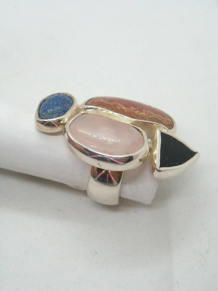 ANELLO in ARGENTO 925 con PIETRE DURE naturali:Quarzo Sodalite Diaspro Ossidiana - Immagine 3 di 4