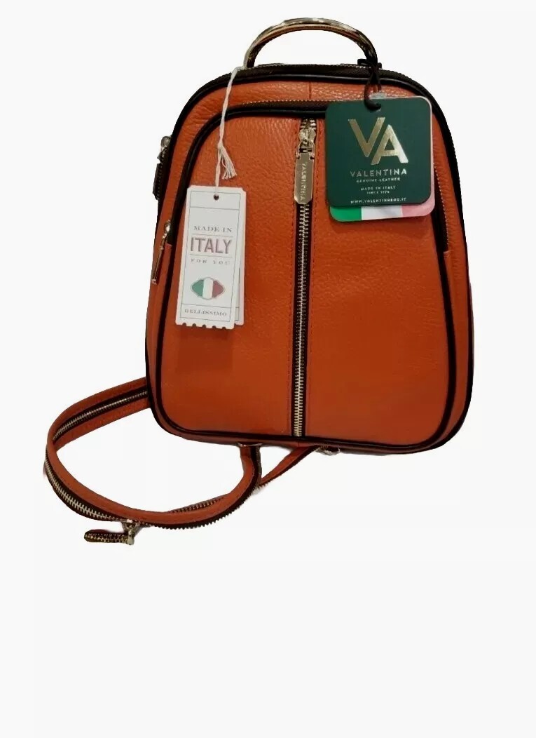 Valentina Italy Orange Pebbled Genuine Leather Handbag Backpack Valentina Orange Pebble Leather Backpack Bag Made In Italy  main image 4