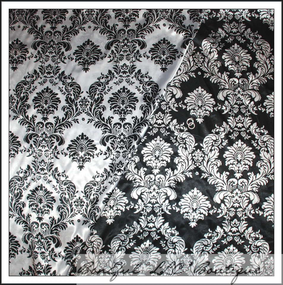 BonEful Fabric LOT 5 Yds B&W Black White Flower Toile Damask Silky Decor 54" OOP - Image 2 of 4