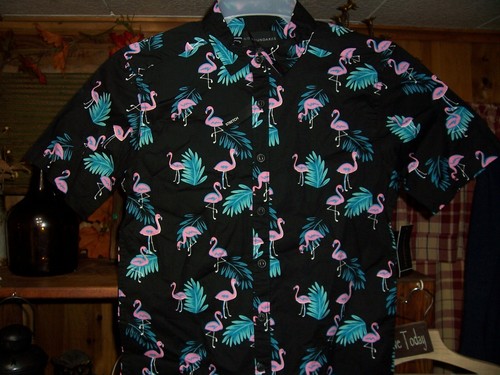 MENS BUTTON UP SHORT SLEEVE FLAMINGO 