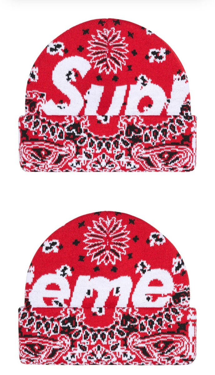 Supreme Big Logo Knit Beanie - Red Bandana Paisley FW24 NEW