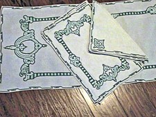 Set 6 Placemats 6 Napkins 60" Table Runner Linen Hand Embroidered Green  Black