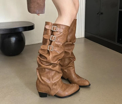 Womens Winter Round Toe Buckle Strap Knee Boots Block Mid Heels Fashion Shoes - Bild 17 von 21