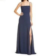 REFORMATION Navy Ingrid Georgette Smocked Back Bodice High Side Slit Maxi Gown 4