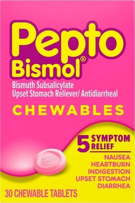 Pepto Bismol Chewable Tablets, Upset Stomach Relief, Nausea Relief 30 Ct