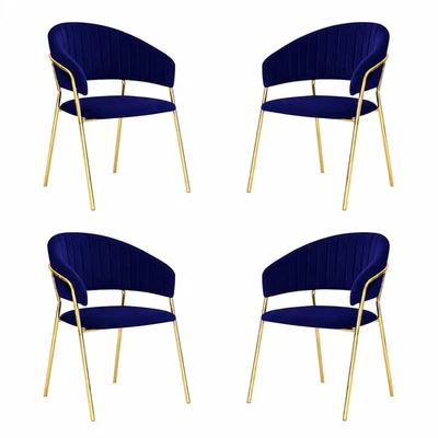 Set De 4 Chaises Salle à Manger Aurelia En Velours Bleu Nuit Avec Piétement Doré - Photo 1/4