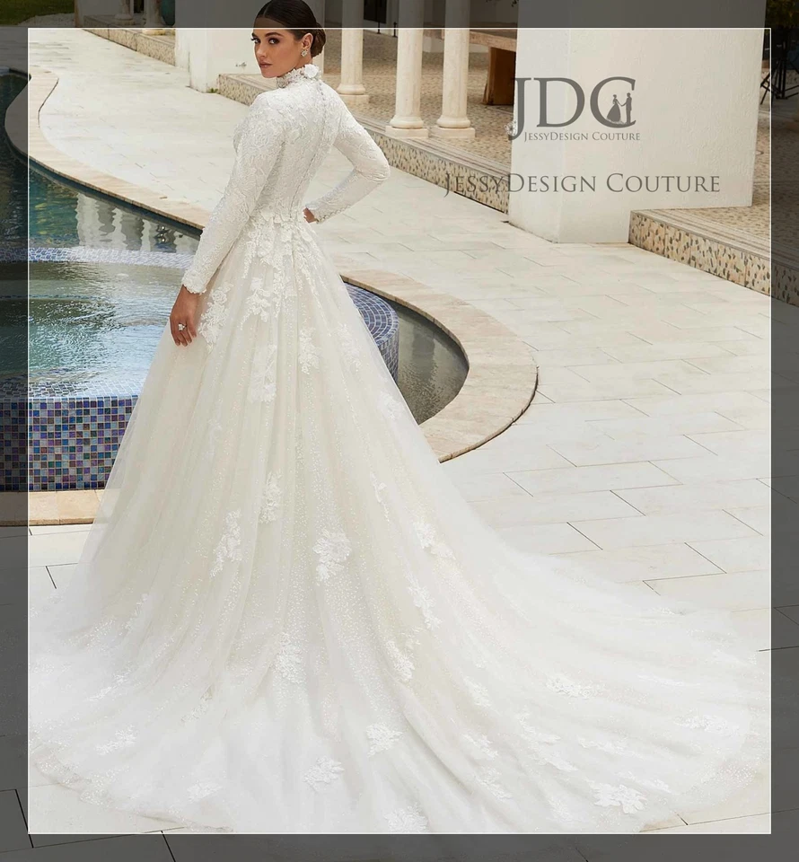 Muslim Glitzer Spitze Brautkleid Hochzeitskleid 32-60 Übergröße A-Linie Langarm - Bild 2 von 4