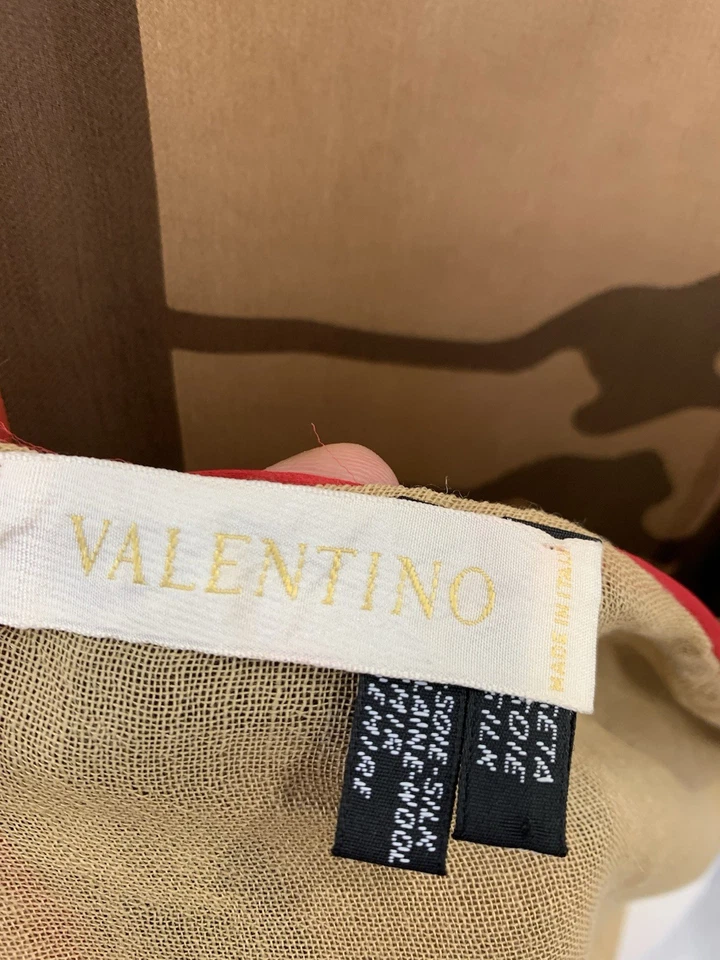 Y2# Valentino Silk Wool Cashmere Scarf Geometric Print Brown Beige Red Italy - Image 4 of 4