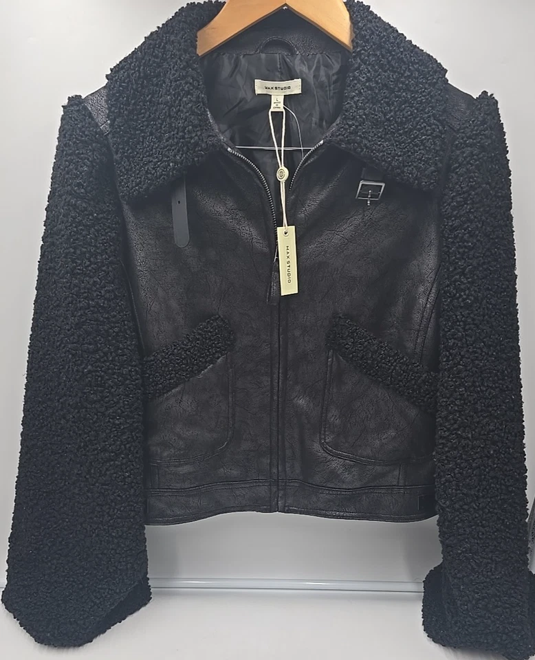 NWT Max Studio Feathered LONDON Sherpa Leather Jacket With Fur Large - Image 3 of 4