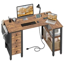 L Shaped Desk with Drawers & Storage Shelves, 47 Inch Small Reversible Corner...