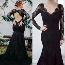 Vintage Black Lace Mermaid Wedding Dresses Backless Long Sleeves Gothic Gowns