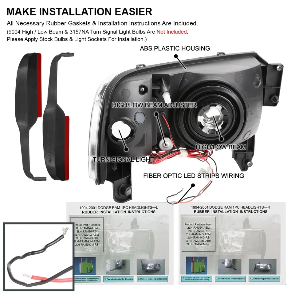 Fits 1994-2001 Dodge Ram 1500 2500 3500 Black LED Tube Headlights Left+Right Foto 4 de 4