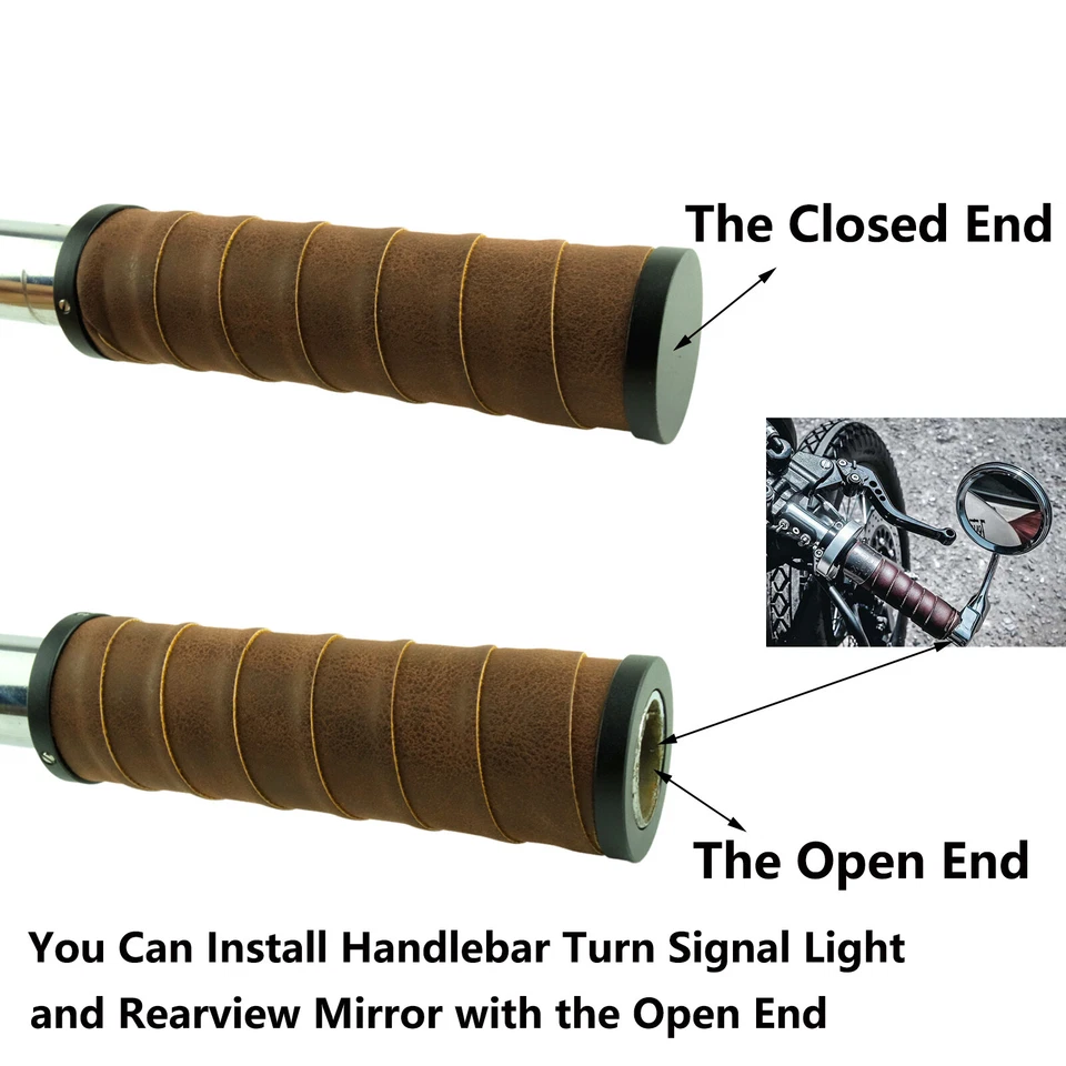 22mm 7/8 inch Vintage Motorcycle Handlebar Grips Open End with Retro PU Leather - Imagem 4 de 4