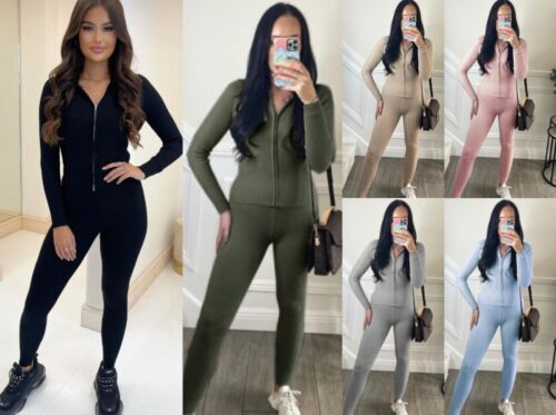 Women's Ladies Two Way Zip Ribbed Knitted Loungewear Suit Tracksuit 2 piece Set - Picture 1 of 4