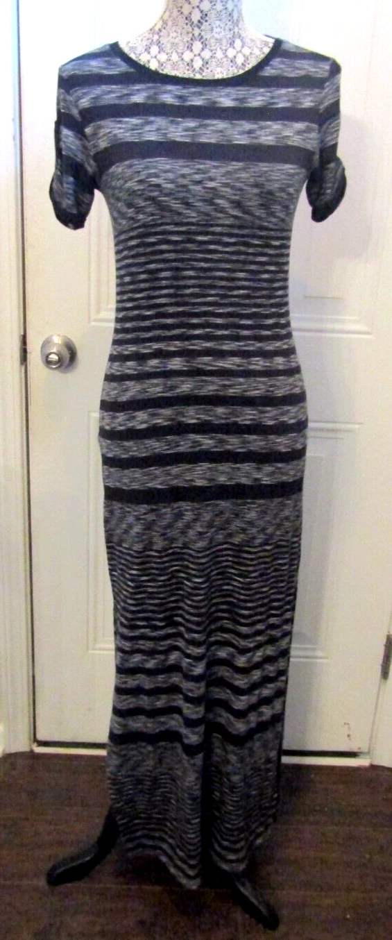 Michael Kors Maxi Abito Nero Righe Elasticizzato Maniche Corte Cerniera Donna Tg S