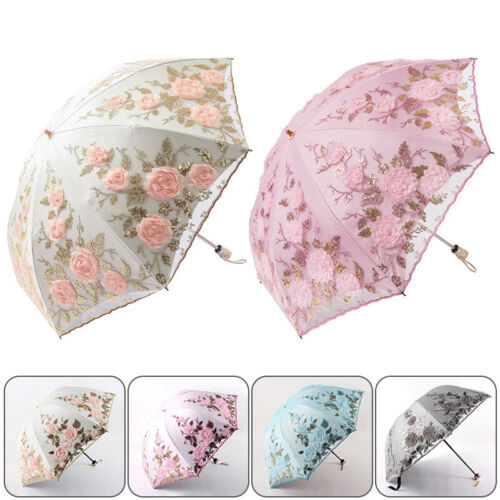 Embroidery Flower Lace Umbrella Parasol 2/3 Folding Sunshade Anti-UV Rainproof - Afbeelding 1 van 24