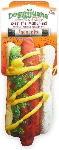 Doggijuana Get The Munchies Hotdog W/ Dognip Dog Toy Refillable Natural Calming