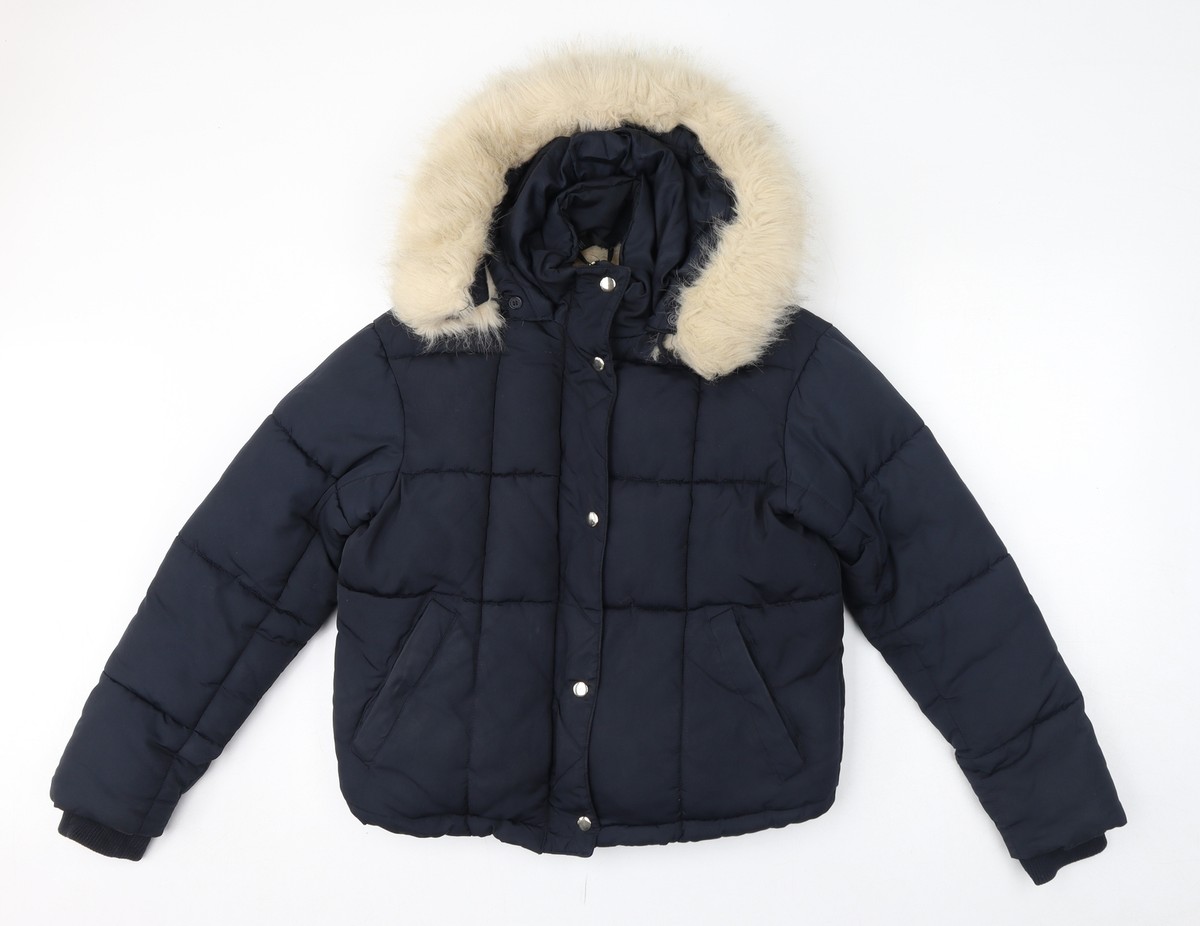 Hood Topshop Faux Fur Trim Coat Topshop Womens Blue Puffer Jacket