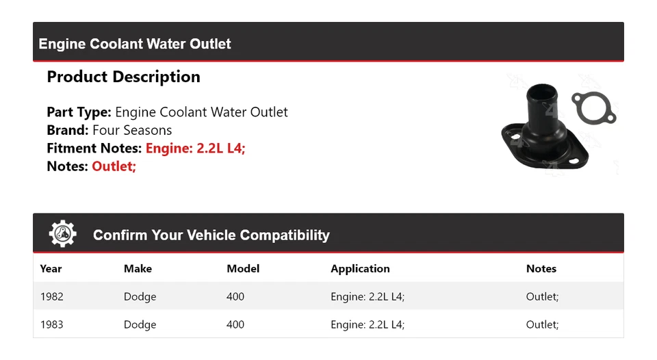 Para Dodge 400 1982-1983 2,2 L motor L4 salida de agua refrigerante 4 estaciones Foto 2 de 4