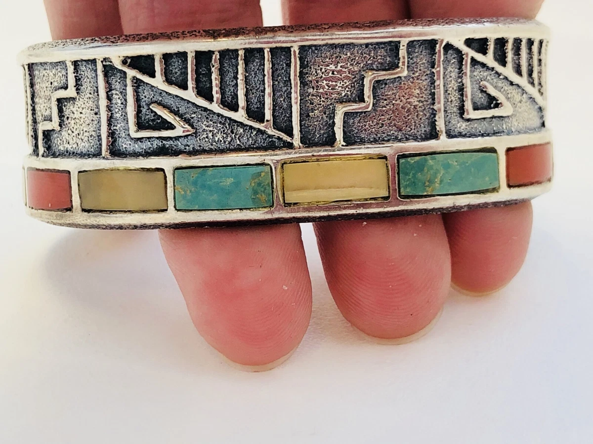 Hopi Steve Wikviya LaRance Tufa Casted Sterling Silver Multi Stone Cuff Bracelet