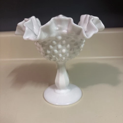Fenton White Milk Glass Hobnail Pedestal Compote Dish Ruffled Edge Vintage Bowl