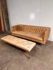 Tan Brown Leather Chesterfield Style Sofa & Footstool | Delivery Available