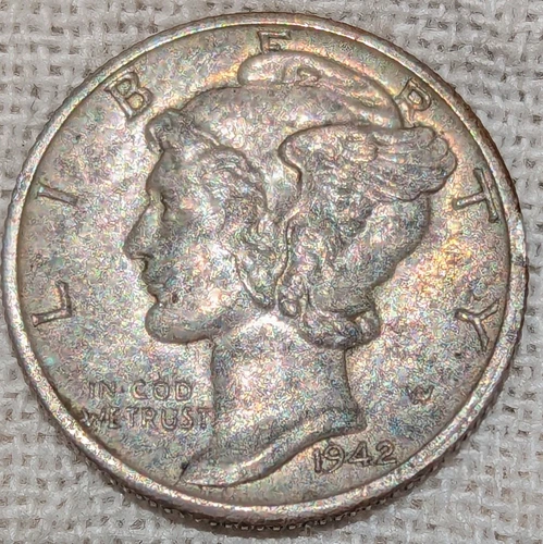 1942 D Mercury Dime AU BU : Monster Tone, Almost Uncirculated - .9 Fine Silver