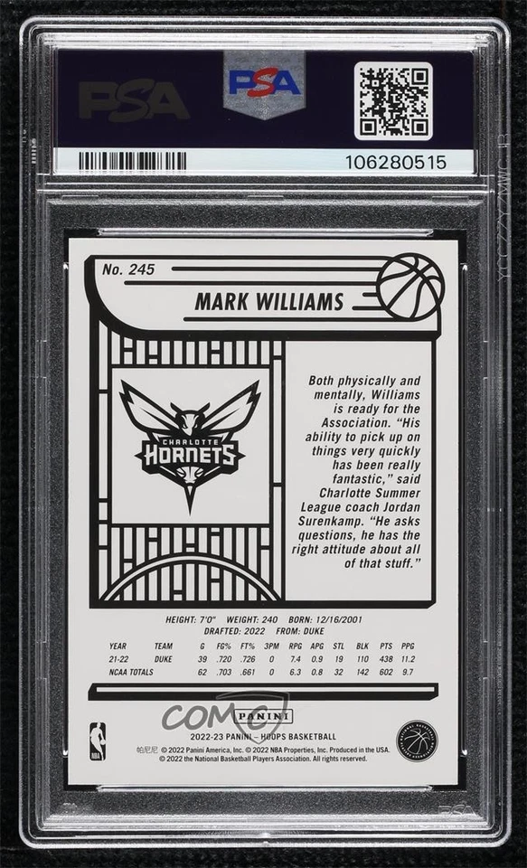 2022 Panini NBA Hoops Rookies Silver /199 Mark Williams PSA 10 GEM MT Rookie RC - Image 2 of 2
