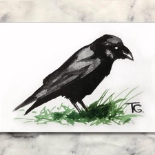 Original ACEO Crow Watercolor Painting, Miniature Bird Art, Hand-Painted Artwork
