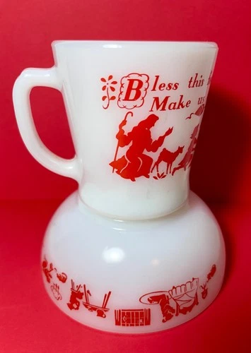 VTG Set  Anchor Hocking Fire King Milk Glass Prayer Mug/Cup & Bowl Red On White