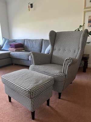 Strandmon Cream Armchair And Footstool Solid Color Wing Chair