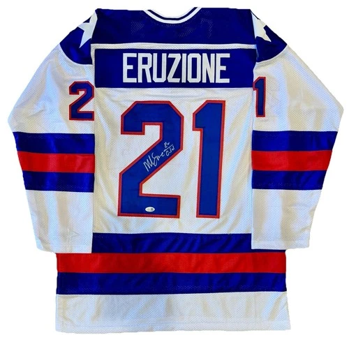MIKE ERUZIONE Autographed 1980 USA Olympic Hockey Jersey “80 Gold” JSA COA