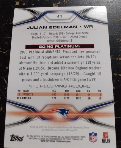 Julian Edelman Going Platinum 2014 Topps Platinum #41 New England Patriots - Imagen 3 de 3