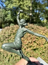 ART DECO STYLE PAINTED BRONZE FEMALE WARRIOR JAVELIN THROWER