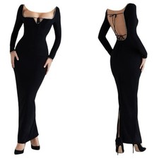 House of CB Rosa Black Crystal Embellished Long Sleeve Maxi Dress Size XS Glam