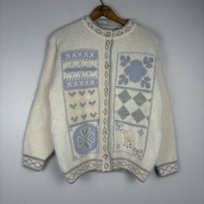 Snowy Peak New Zeland Cardigan Wool Angora Small Novelty Easter Lamb Cottage