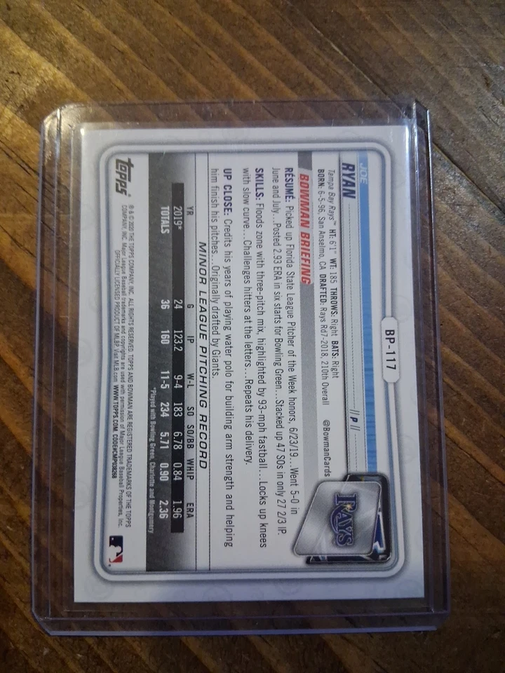 2020 Bowman Prospects Camo Joe Ryan 1st Rookie Card SP #BP-117 Twins RC - Image 2 of 2