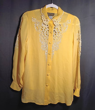 Bob Mackie Wearable Art Silk 2 Piece Set Yellow Embroidered Cut Out Top Blouse M