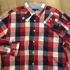 Tommy Hilfiger Men  s L/S Shirt Button Buffalo Plaid Red White  Blue Preppy NWT